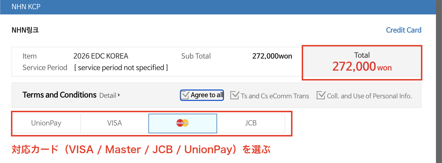 チケットリンクの決済カード選択画面。VISA・Master・JCB・UnionPayから選ぶ