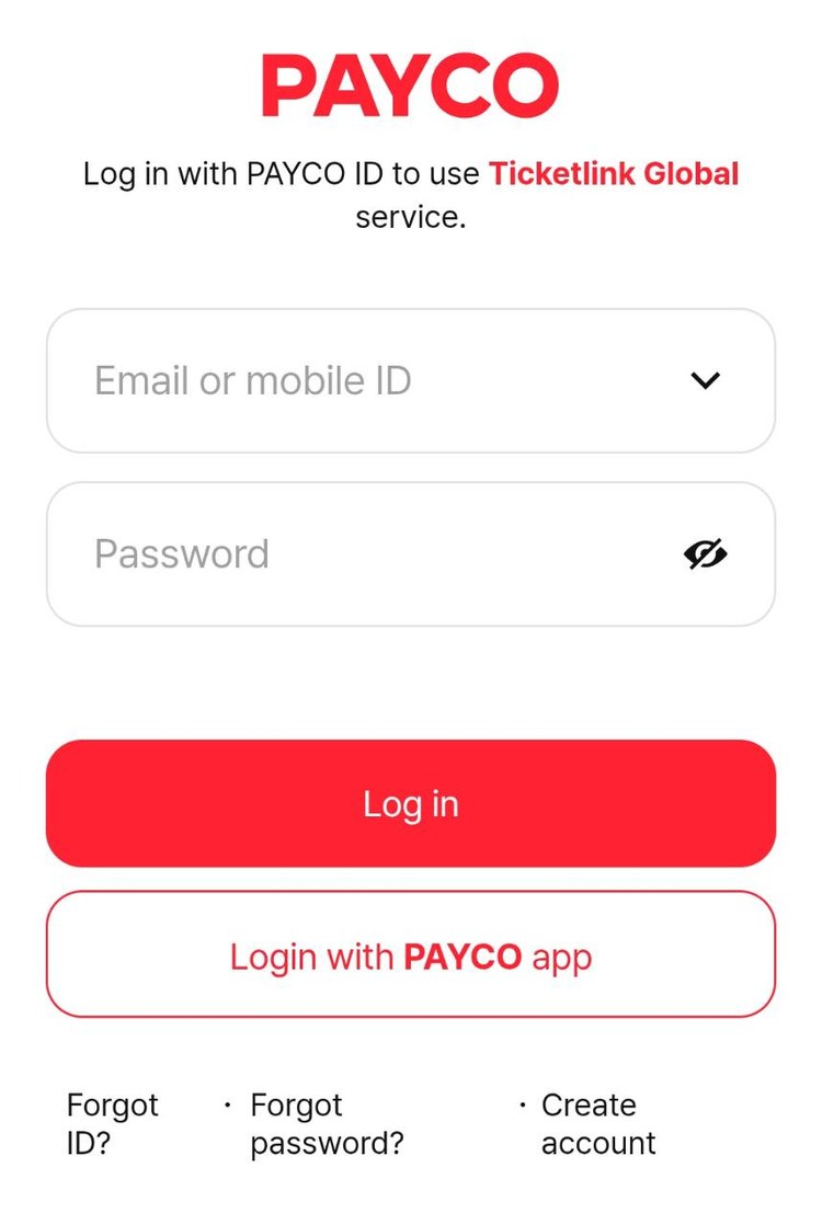 スマホのチケットリンクから開いたPAYCOのログイン画面