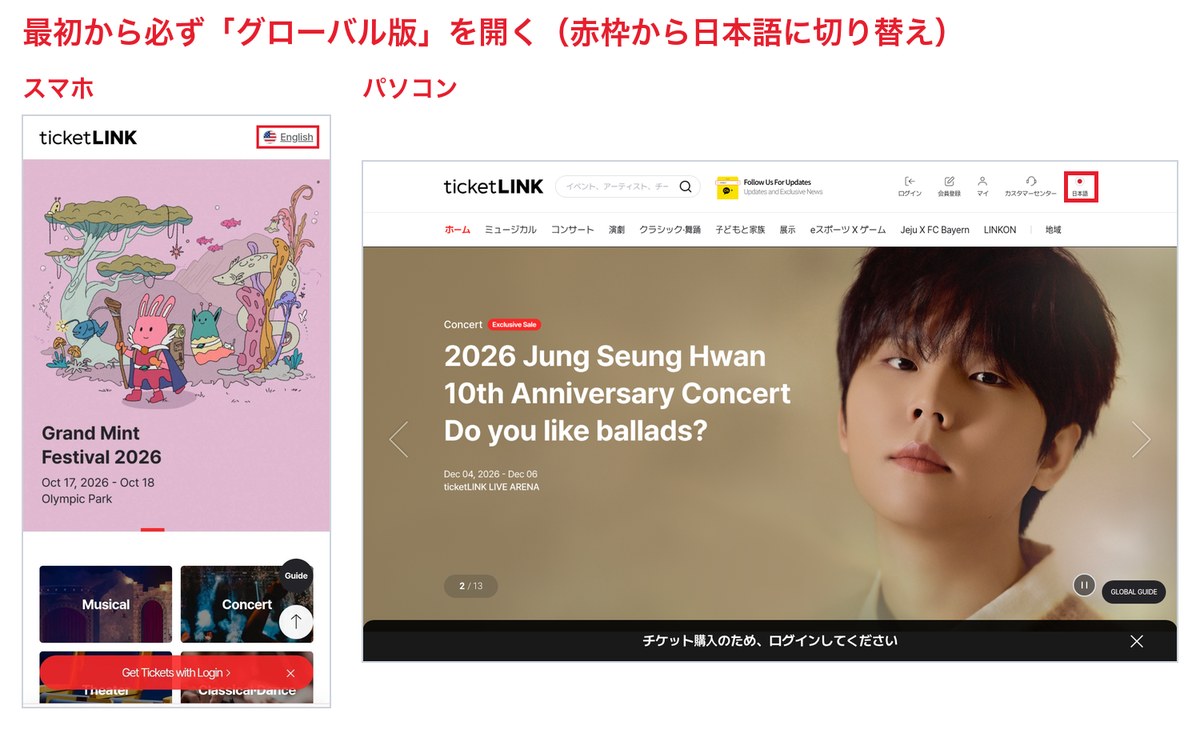 チケットリンク・グローバル版のトップ。左がスマホ、右がパソコン。どちらも右上の赤枠から言語を切り替える（スマホは最初「English」になっている）