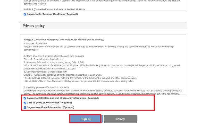 YES24の利用規約に同意して「Sign up」で登録完了