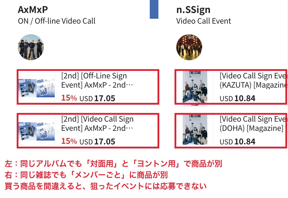 韓国のCDショップのイベント商品一覧。同じアルバムでも対面用とヨントン用で商品が分かれ、雑誌はメンバーごとに商品が分かれている